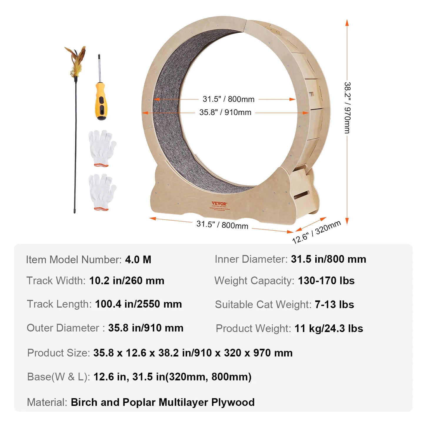 VEVOR Cat Exercise Wheel Natural Wood Treadmill for Pet Fitness