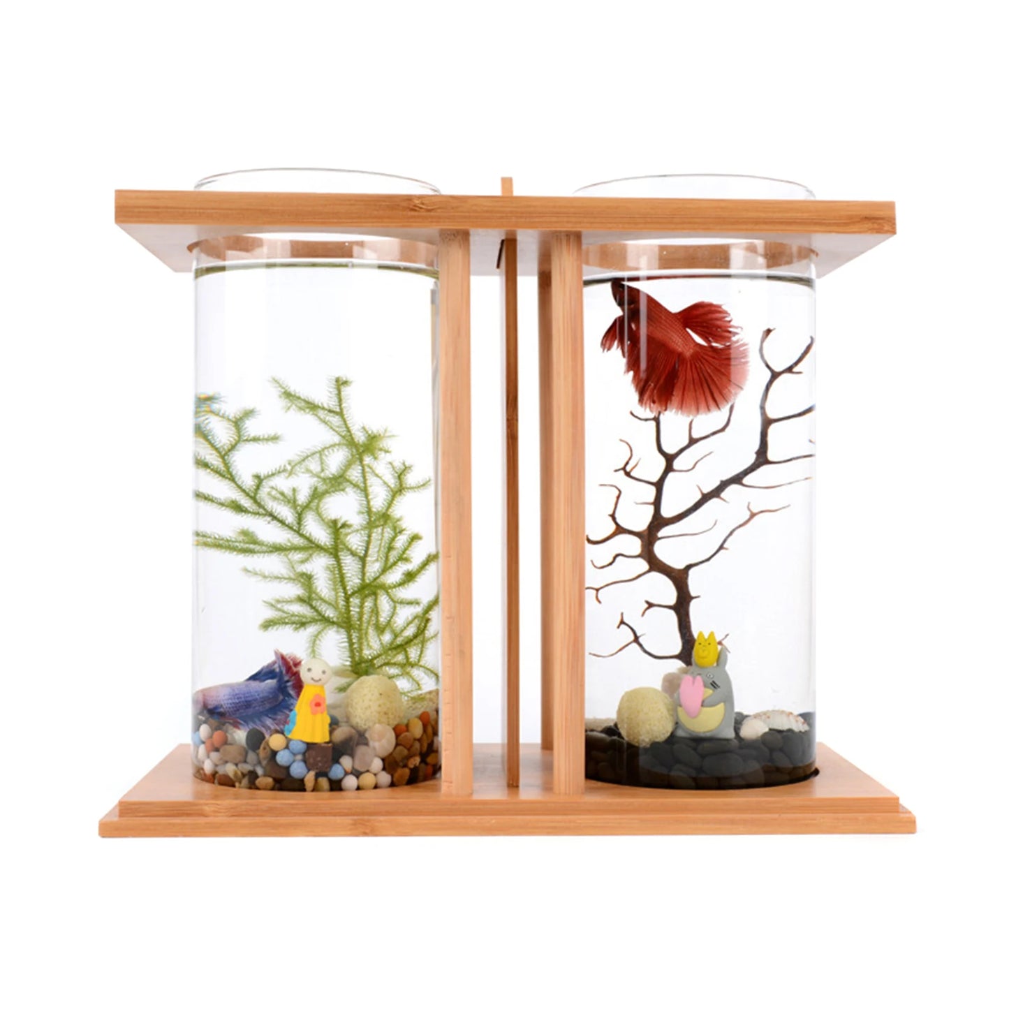 Mini Bamboo Fish Tank with LED Light for Desktop Decoration