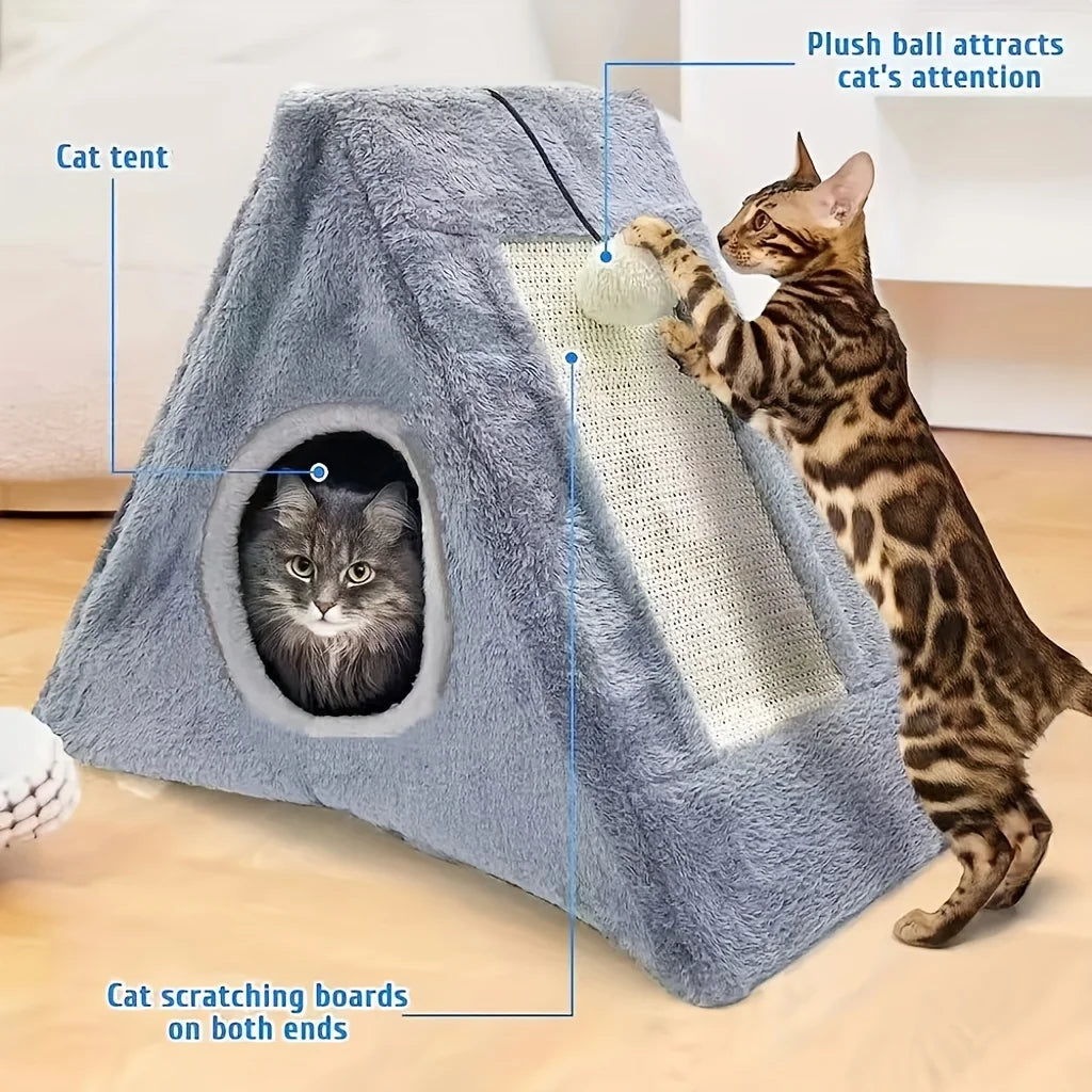 Pet bed with plush toy ball cat scratching board