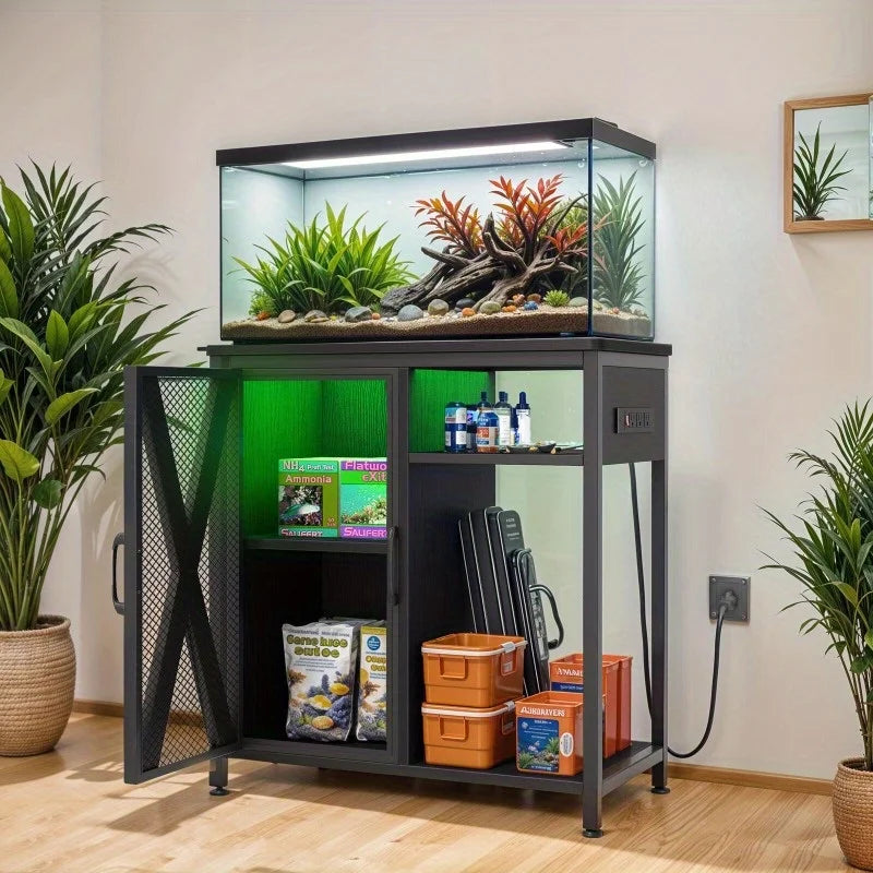 Metal Wood Aquarium Stand with Electrical Outlet for Fish Tanks